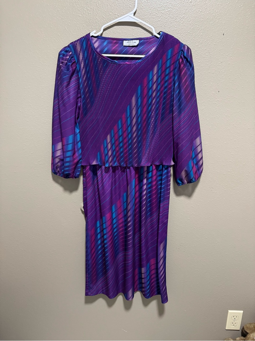 Vintage M.C.S. ltd. Purple Geometric Chiffon Pleated A-Line Knee Dress Sz M/L